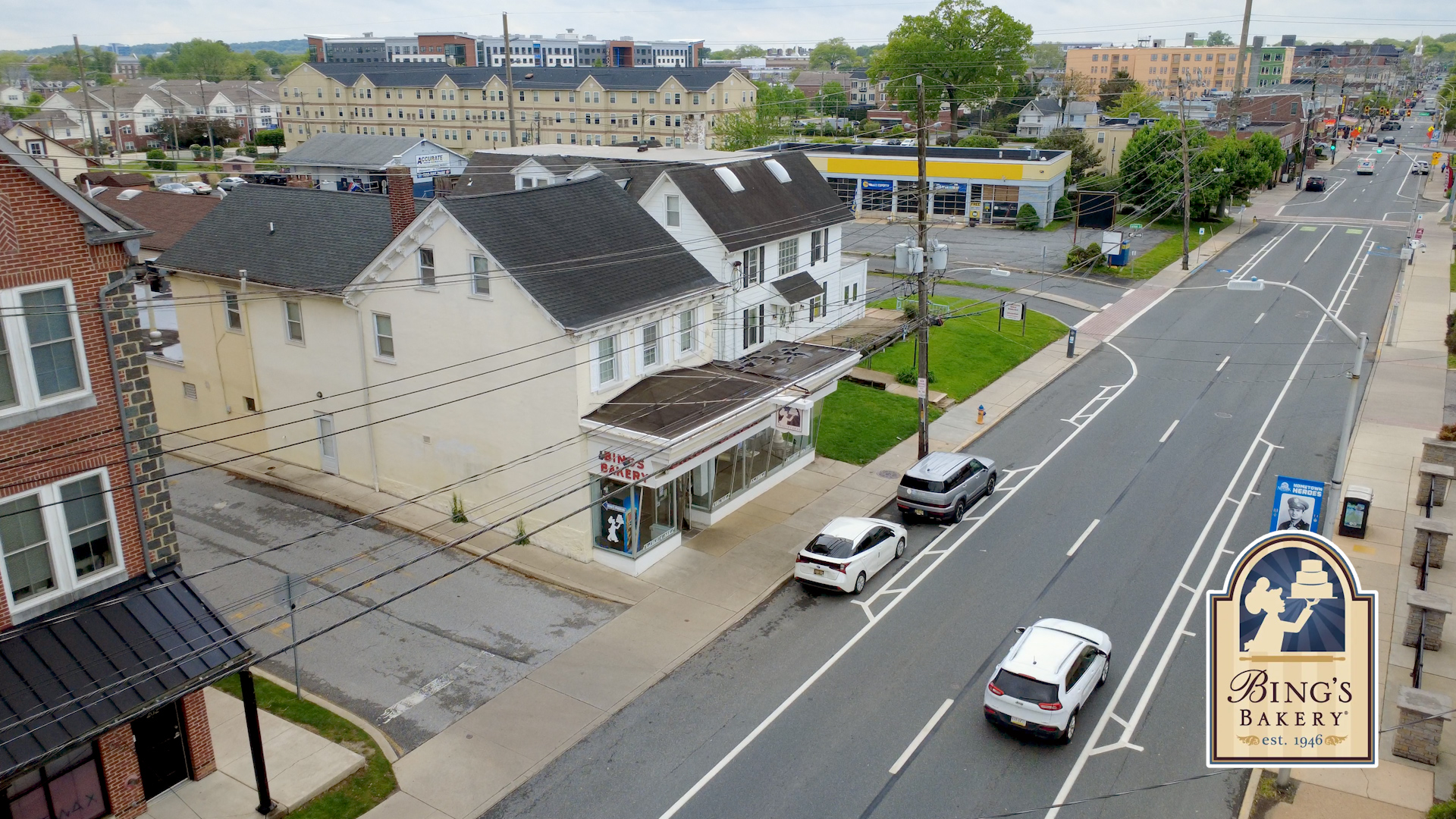 Aerial drone view of Bings Bakery in Newark, Delaware